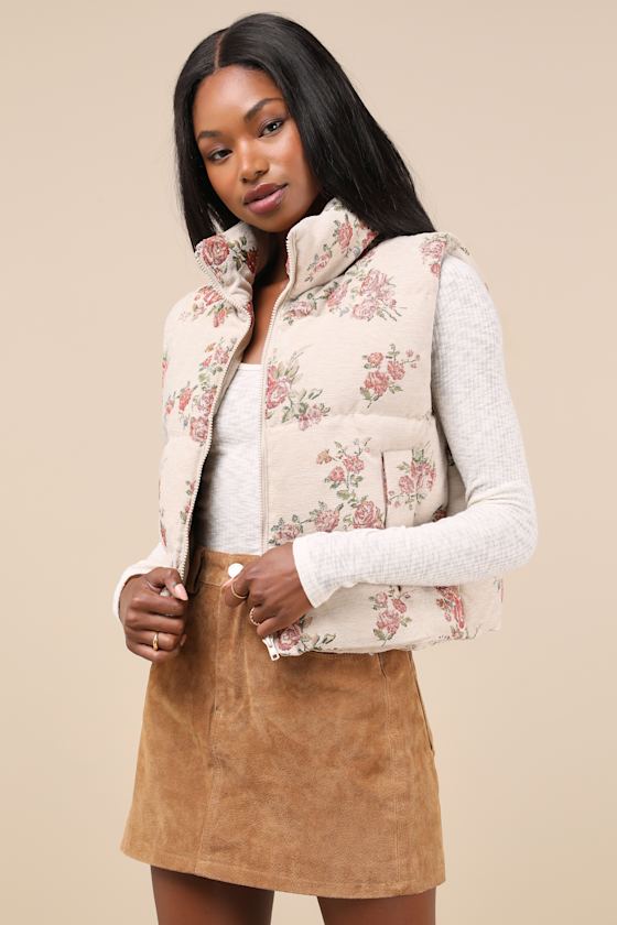 Beige Jacquard Puffer Vest Floral Puffy Vest Cute Puffer Vest Lulus