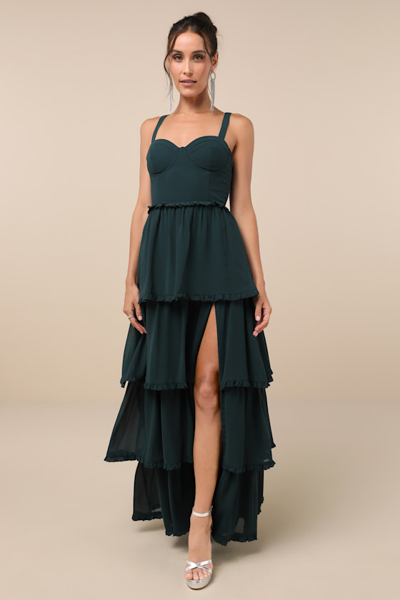 Image of Sophisticated Occasion Emerald Green Bustier Lace-Up Maxi Dress