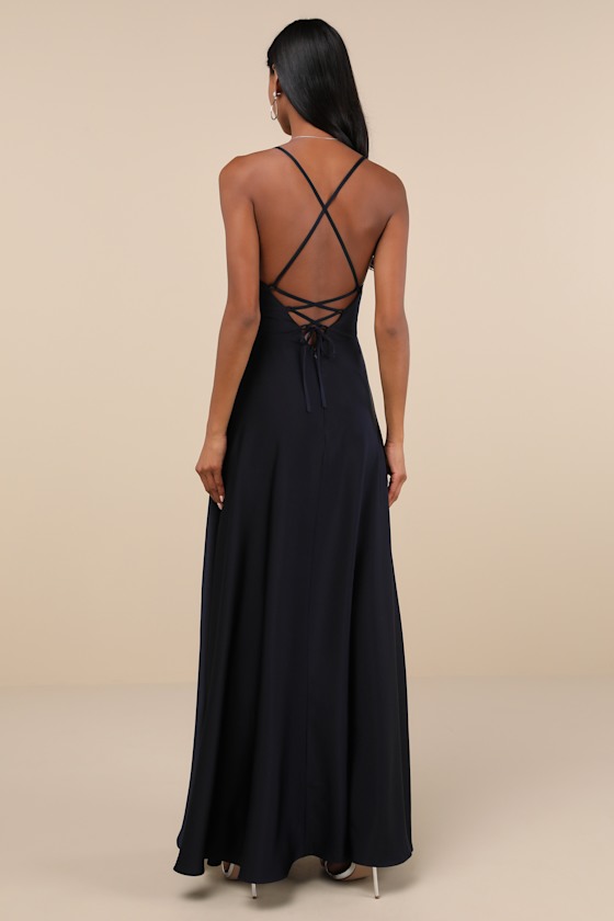 Stylish Grace Navy Blue Backless Lace Up Ruffled Maxi Dress