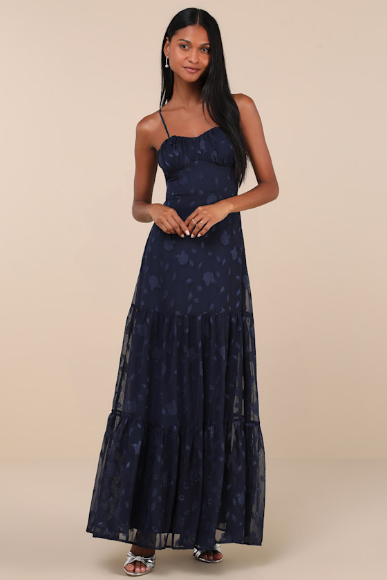 Image of Poised Grace Navy Blue Burnout Floral Bustier Tiered Maxi Dress