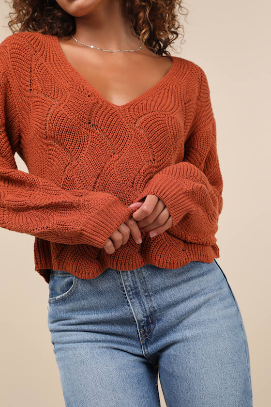 Cute Lifestyle Rust Orange Pointelle Knit V Neck Sweater Top