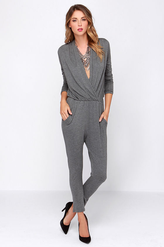 Cool Grey Jumpsuit - Surplice Jumpsuit - Long Sleeve Jumpsuit - $34.00 -  Lulus