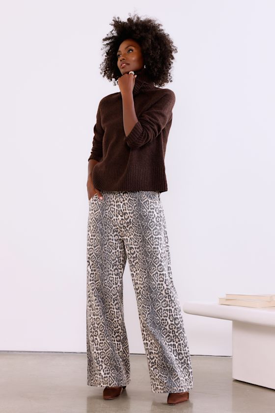 Wildly Poised Beige Faded Leopard Print Wide Leg Jeans