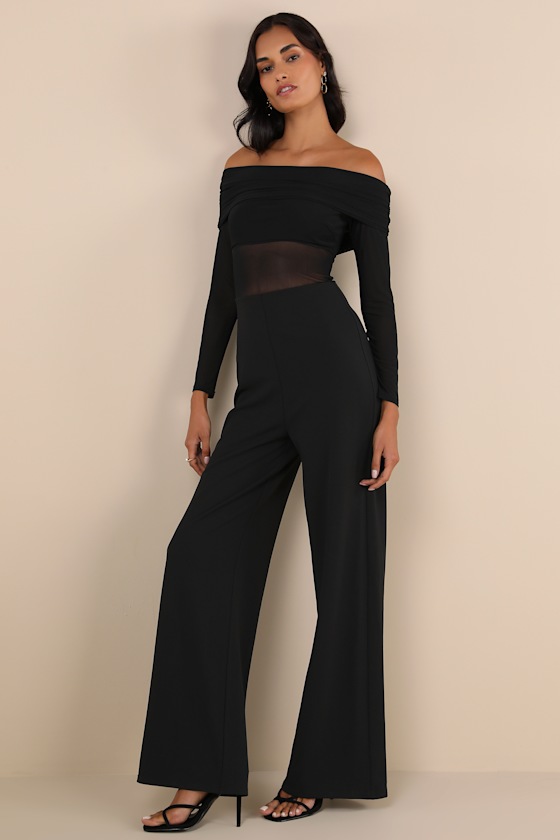 Black online off shoulder jumpsuit with sheer mesh train maxi dress