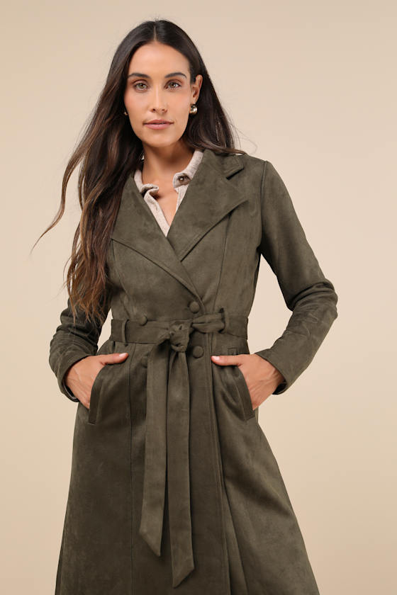 Chic Calling Olive Green Suede Trench Coat