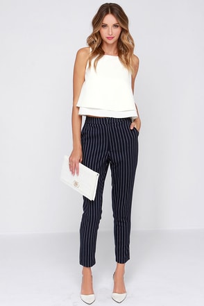 Women's Lulu's Small Navy White Vertical Striped Pants