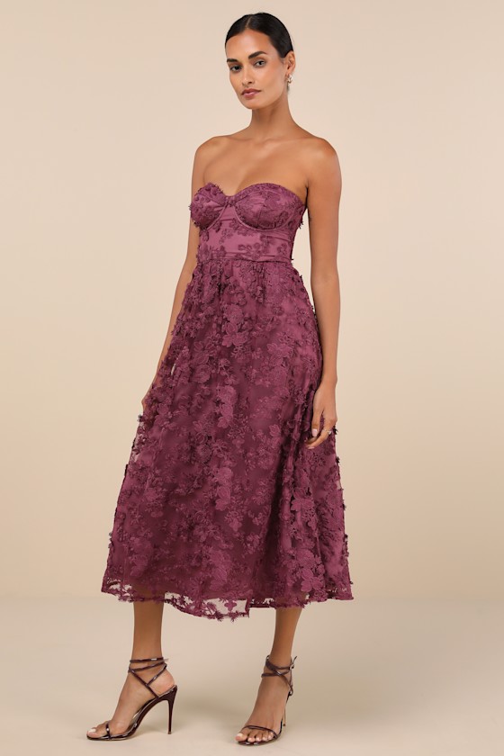 Image of Quite Perfect Purple Floral Embroidered Strapless Midi Dress