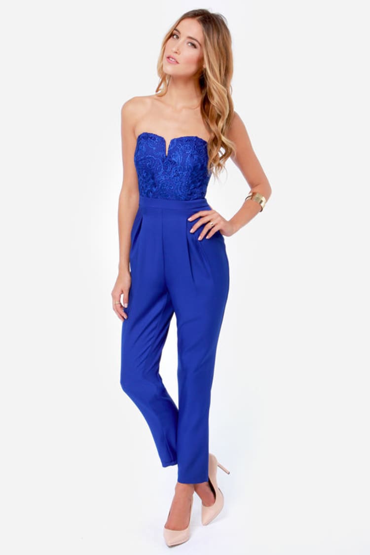 Sexy Blue Jumpsuit - Strapless Jumpsuit - Lace Jumpsuit - $45.00 - Lulus