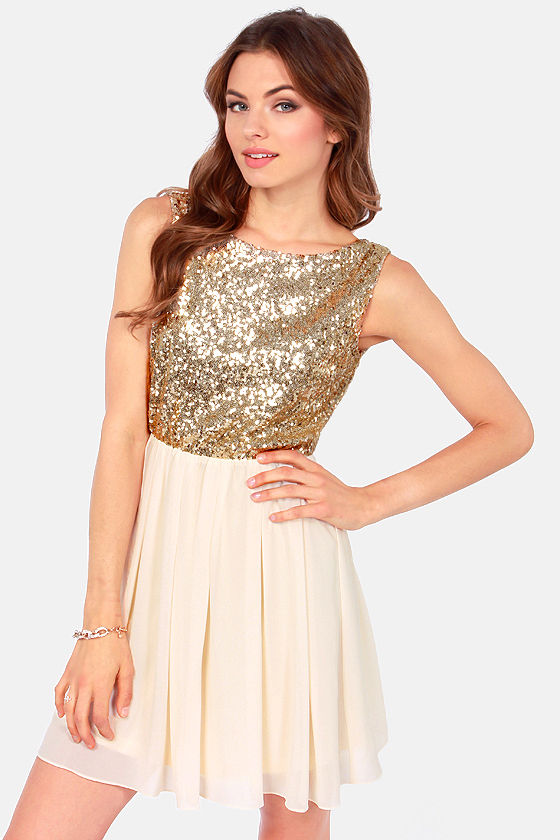 white and gold sequin cocktail dress