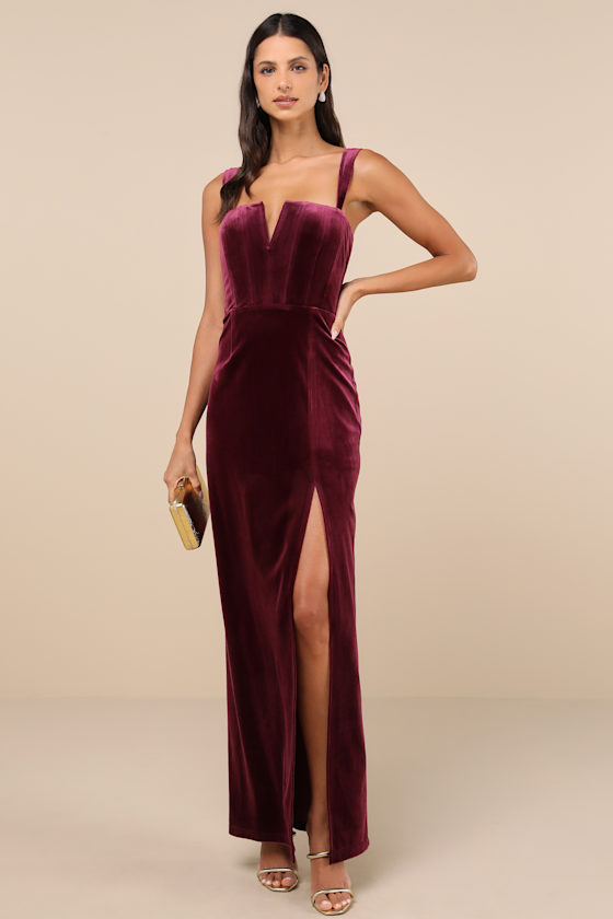 Image of Pristine Luxury Dark Berry Velvet Bustier Maxi Dress