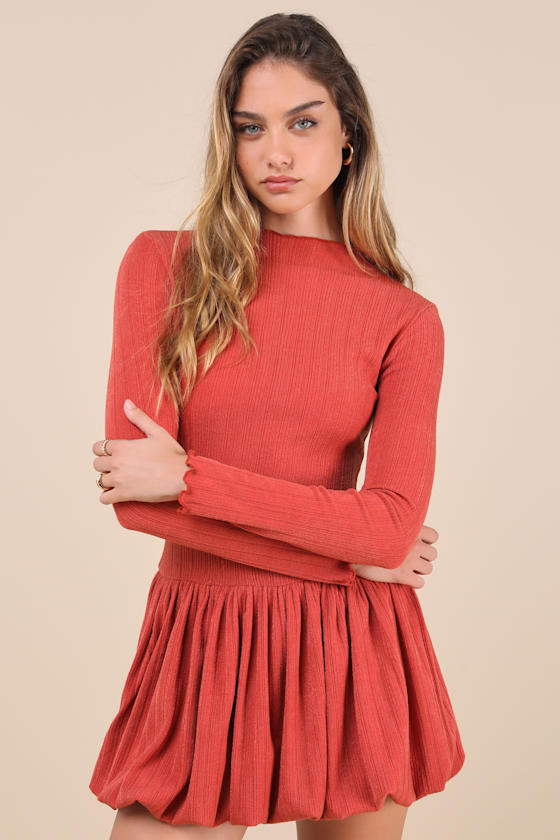 Image of Approachably Adorable Rust Red Ribbed Bubble-Hem Mini Dress