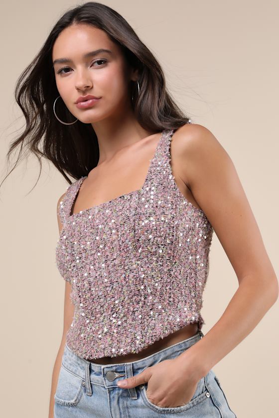 Image of Noteworthy Crush Pink Boucle Sequin Tank Top