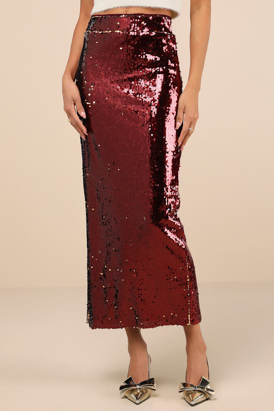 Dazzling Appearance Burgundy Sequin High Rise Midi Skirt