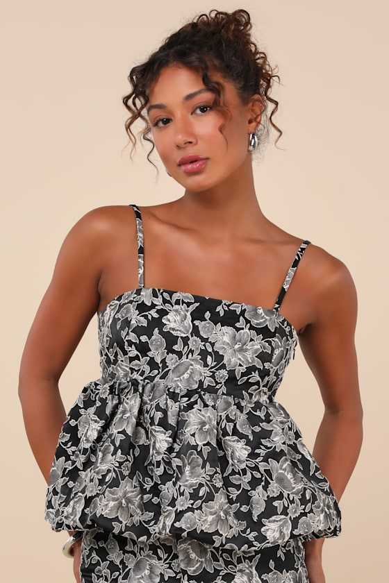 Bodi Black Floral Jacquard Peplum Top