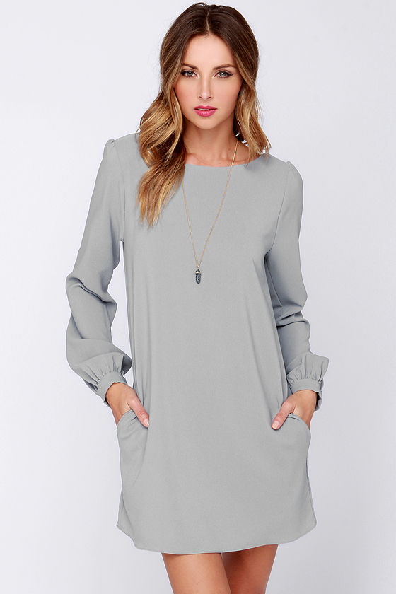 Cute Grey Dress Shift Dress Long Sleeve Dress 3800