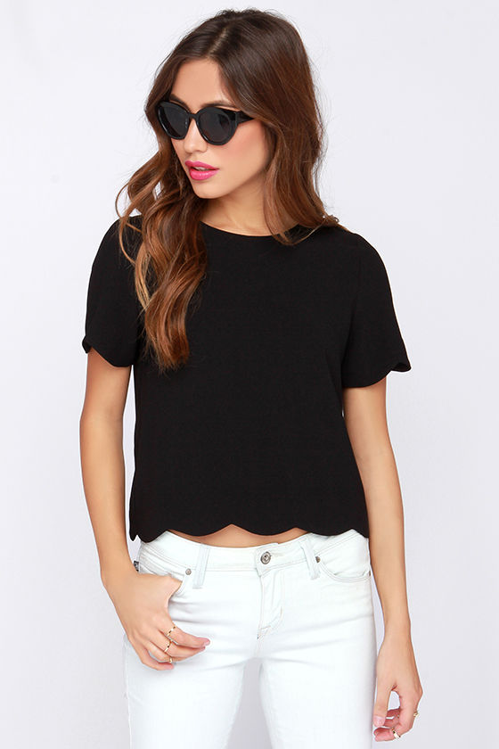 Cute Black Top - Scalloped Top - Short Sleeve Top - $38.00