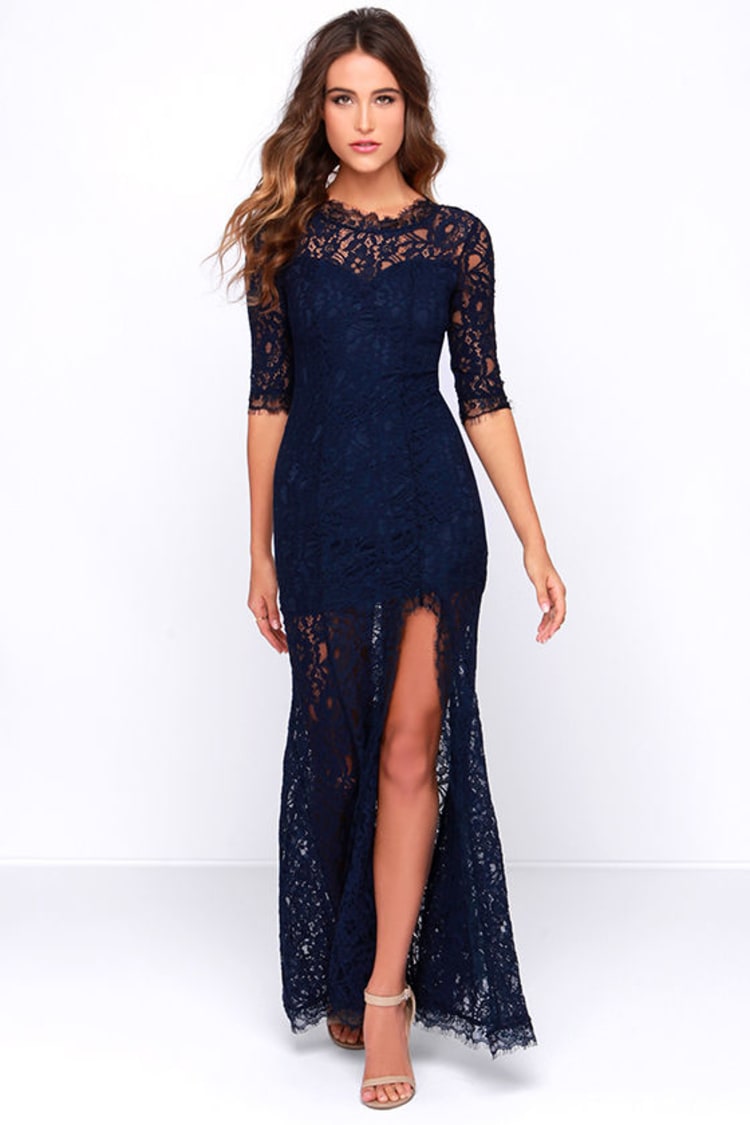 Gorgeous Navy Blue Dress - Lace Dress - Half Sleeve Dress - Maxi Dress -  $64.00 - Lulus
