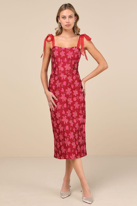 Image of Lovely Darling Magenta Floral Jacquard Tie-Strap Midi Dress