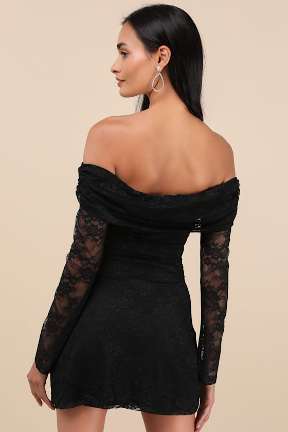 NIA AVA BLACK LACE OFF-THE-SHOULDER LONG SLEEVE MINI DRESS