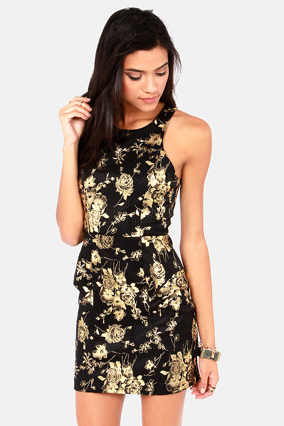 black dress gold flowers