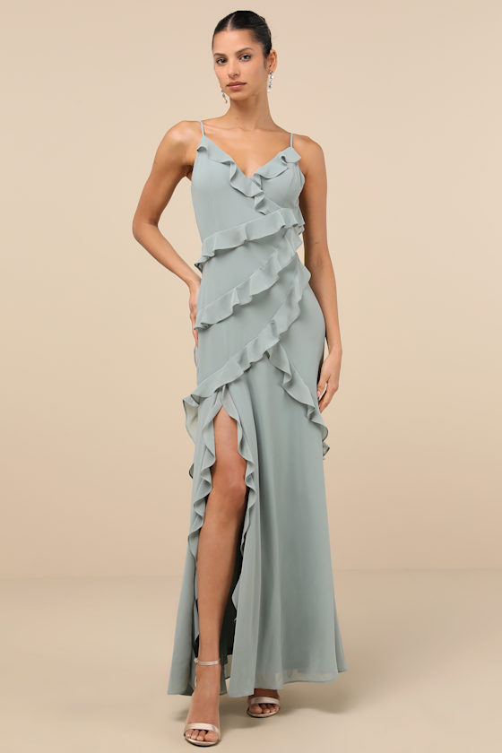 Image of Fancy Sweetness Sage Green Ruffled Lace-Up Sleeveless Maxi Dress