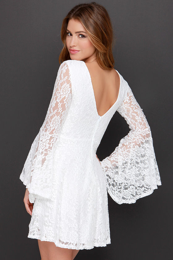 Cute White Dress Long Sleeve Dress Lace Dress 3800 