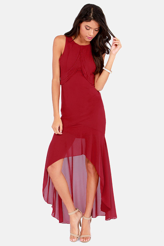 wine red high low dress