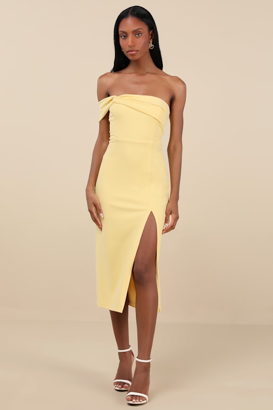 Image of Twist and Make Up Light Yellow One-Shoulder Bodycon Midi Dress