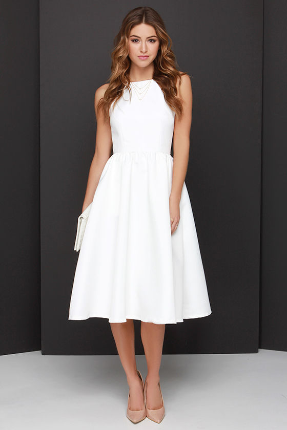 fit and flare white midi dress