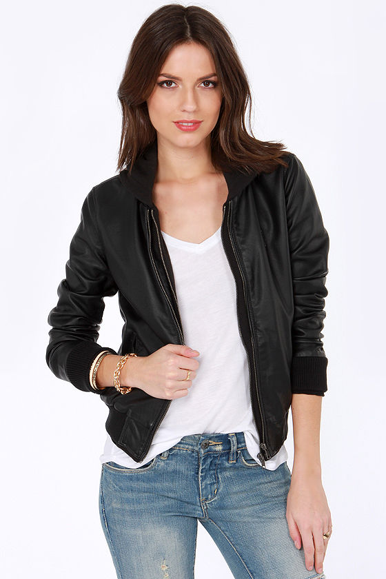 obey black leather jacket with hooded