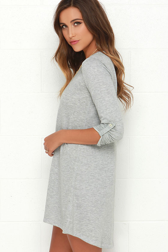 Cute Light Grey Dress - Swing Dress - Sweater Dress - Long Sleeve Dress ...