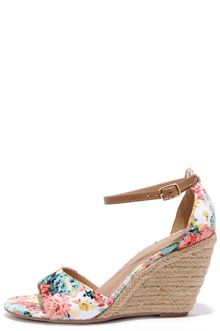 Women Floral Pattern Espadrille Ankle Strap Court Wedges, Vacation Outdoor  Wedge Shoes