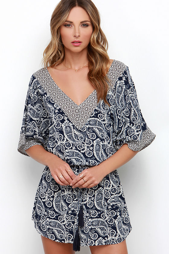 Navy Blue Print Dress - Short Sleeve Dress - $39.00 - Lulus