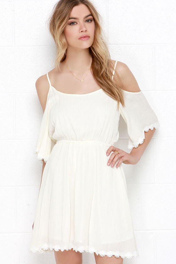 Pretty Cream Dress - Off-the-Shoulder Dress - Embroidered Dress - $54. ...