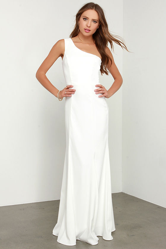 one shoulder white gown