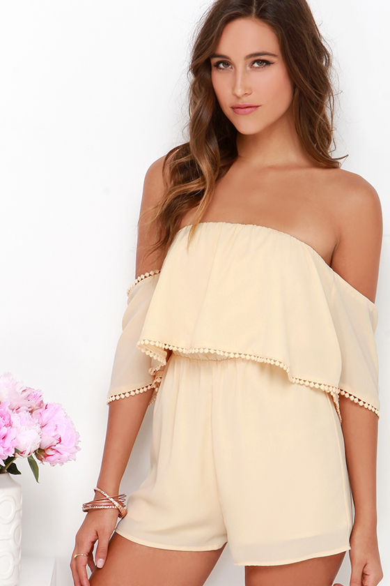 Cute Beige Romper Off The Shoulder Romper Pompom Romper 4900 3426