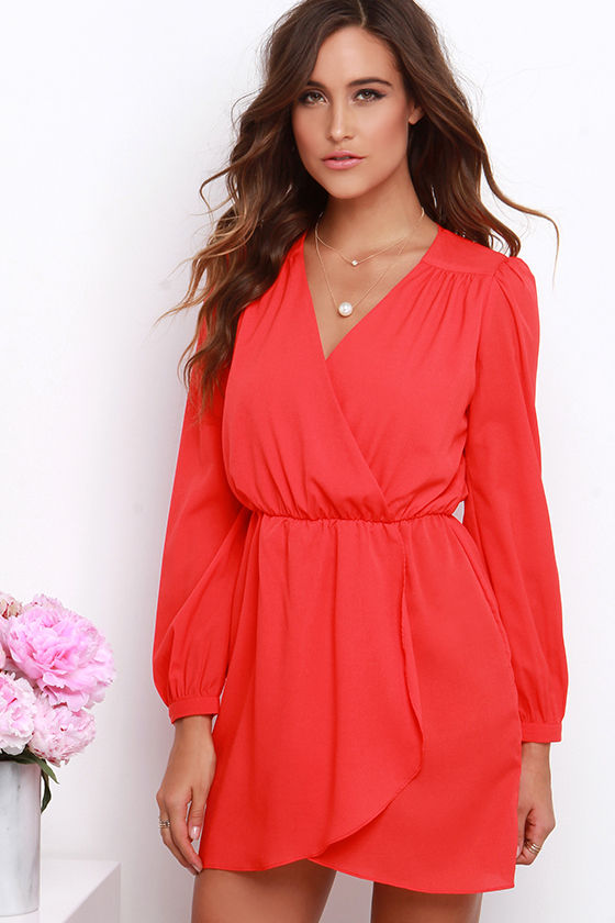 Lovely Coral Red Dress - Long Sleeve Dress - Wrap Dress - $44.00 - Lulus
