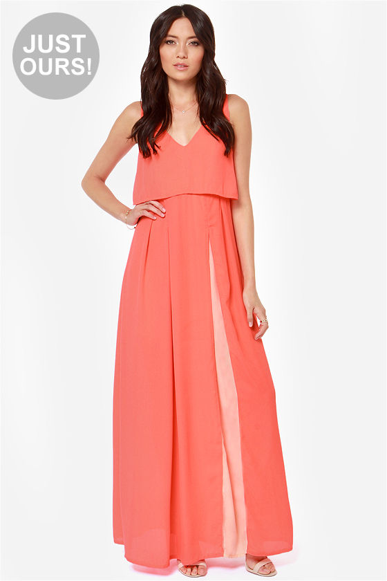 Cute Coral Dress - Neon Coral Dress - Maxi Dress - Color Block Dress -  $49.00 - Lulus