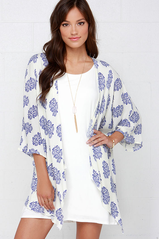 O'Neill Joni Kimono Top - Blue and Ivory Top - Floral Print Kimono Top -  $52.00 - Lulus
