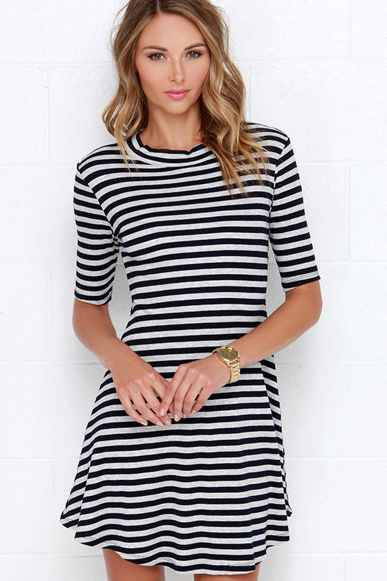 Striped Dress - Grey and Navy Blue Dress - Fit-and-Flare Dress - $40.00 ...