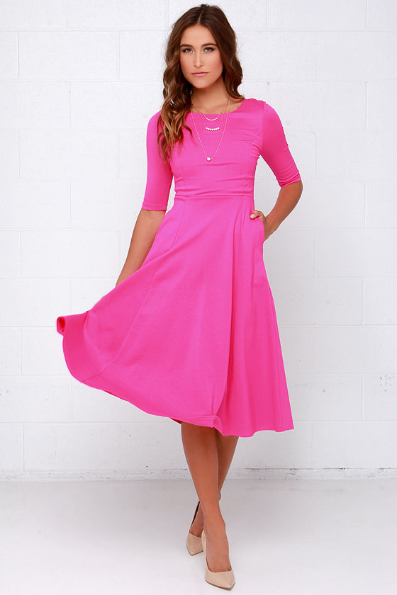 Cute Hot Pink Dress Midi Dress Cocktail Dress 5200 Lulus