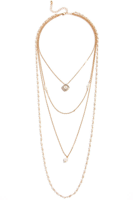 Gold Necklace - Layered Necklace - Pearl Necklace - $17.00