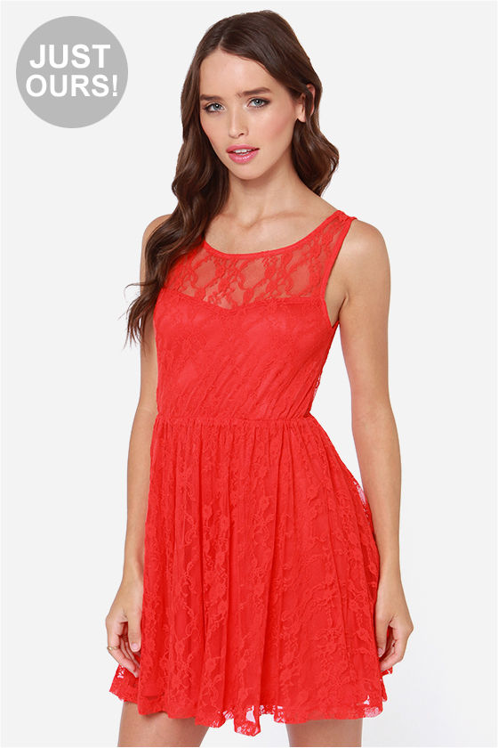 Cute Coral Red Dress - Lace Dress - Skater Dress - $47.00 - Lulus