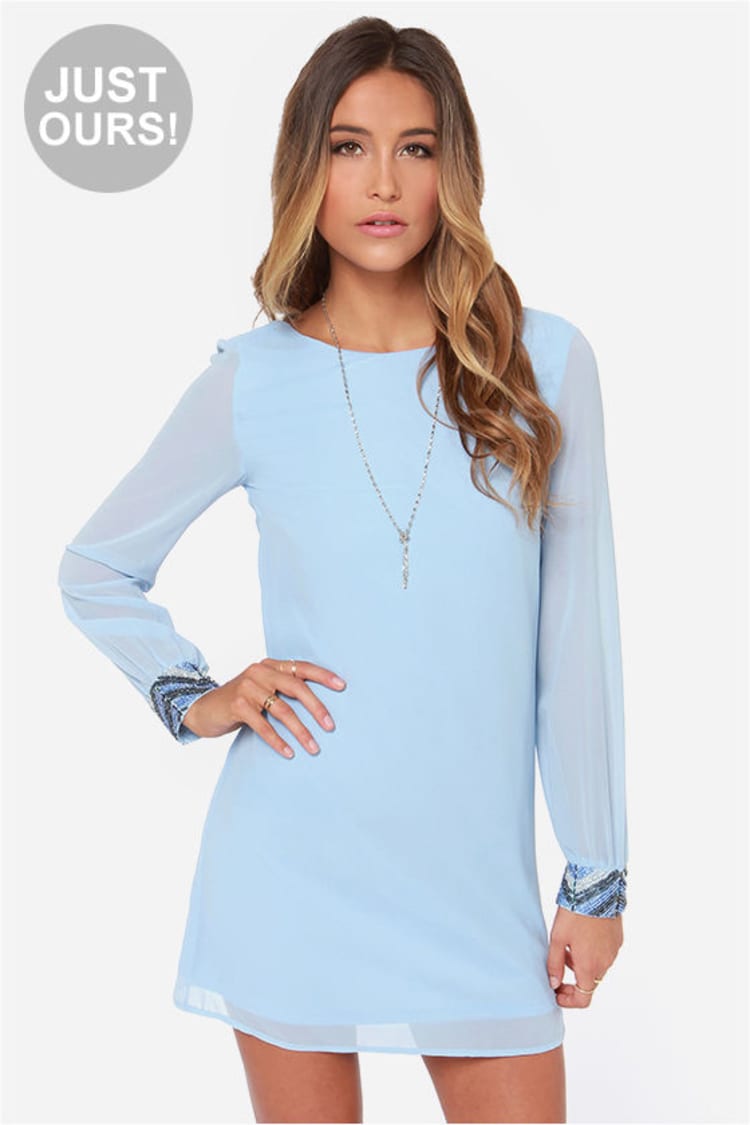 Cute Light Blue Dress - Beaded Dress - Long Sleeve Dress - $59.00 - Lulus
