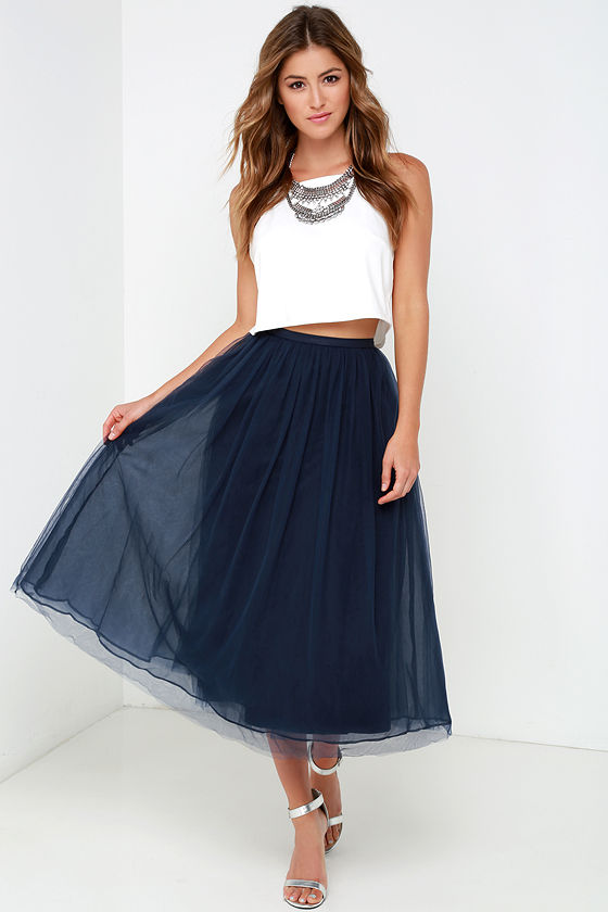 Give it a Twirl Navy Blue Tulle Midi Skirt