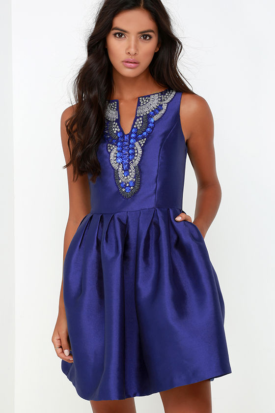 Beautiful Royal Blue Dress - Beaded Dress - Skater Dress - $109.00
