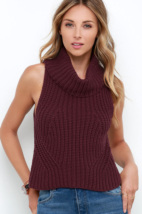 Cute Burgundy Top Knit Top Sleeveless Top Cowl Neck Top 63 00