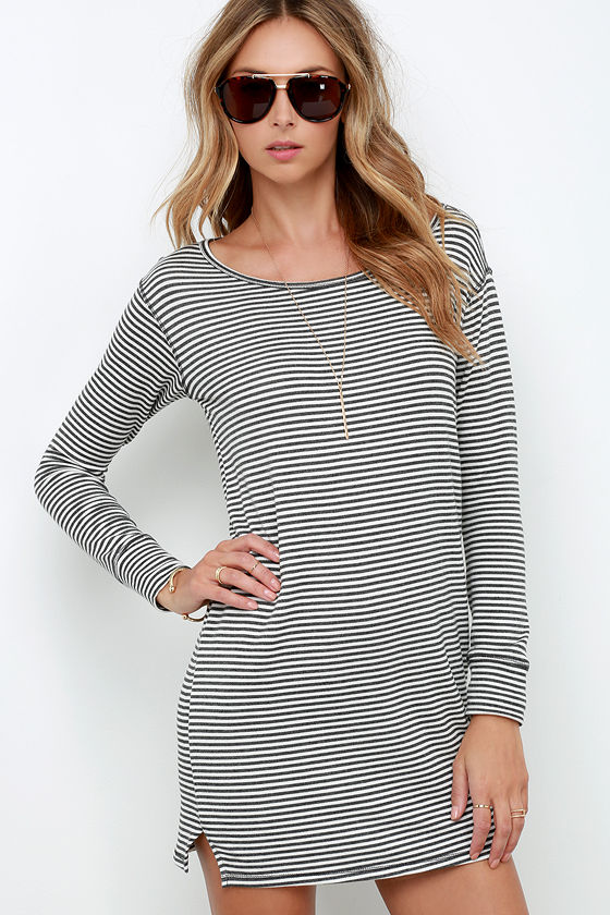 Obey Cresent Moon Dress - Grey Striped Dress - Long Sleeve Dress - $71. ...