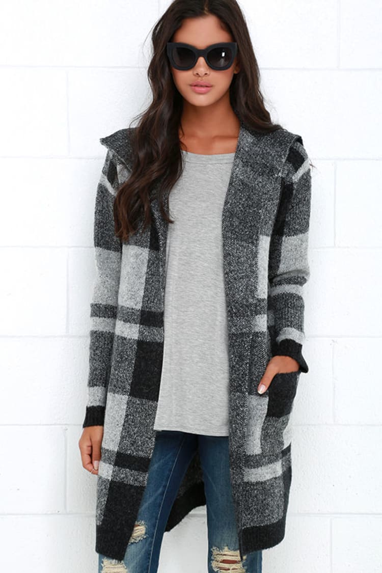 Black and Grey Sweater - Plaid Jacket - Long Cardigan - $98.00 - Lulus