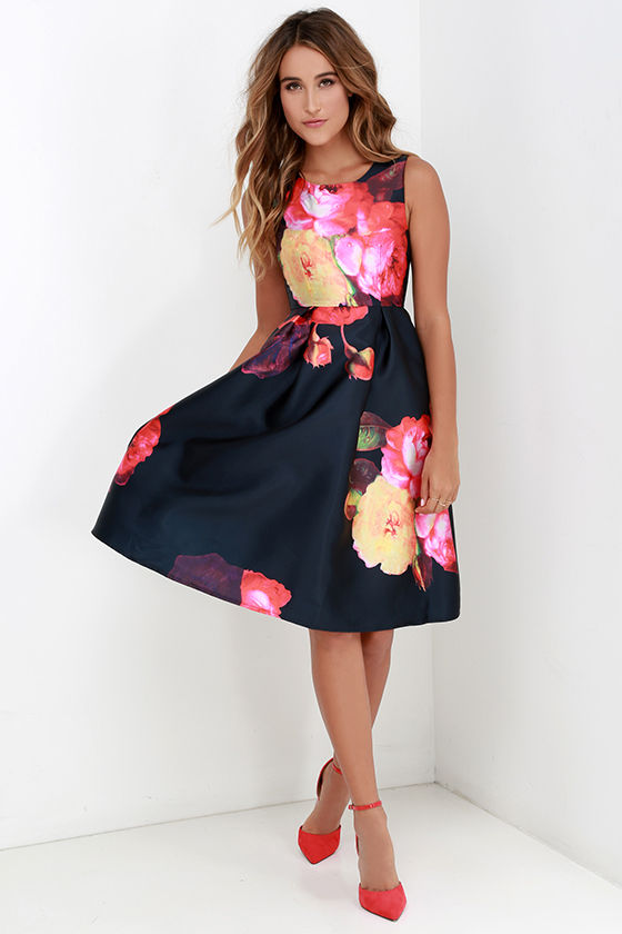 navy blue and pink floral dress